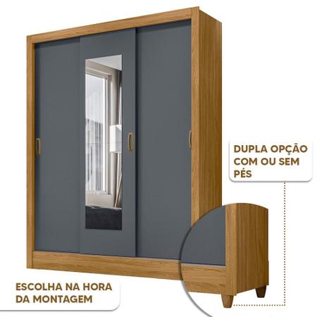 Imagem de Guarda Roupa Solteiro Grande 3 Portas De Correr Com Espelho Freijó Cinza Belém Shop JM
