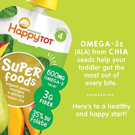 Imagem de Happy Tot Organics Super Foods Stage 4, Peras, Mangas e Espinafre + Super Chia, Bolsa de 4,22 Onças (Pacote de 16) embalagem pode variar