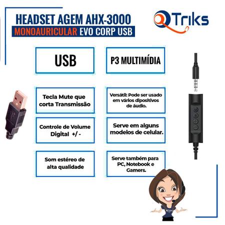 Headset Usb Agem Ahx3000 Evo Mono Com Cancelador Ruído Imagem de Headset Usb Agem Ahx3000 Evo Mono Com Cancelador Ruído