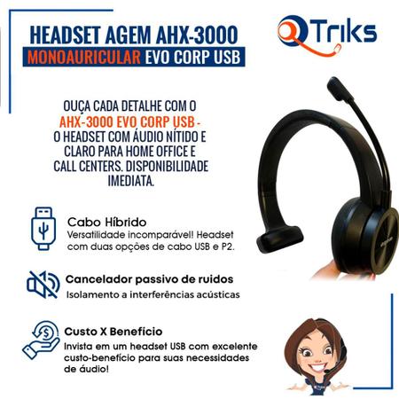 Headset Usb Agem Ahx3000 Evo Mono Com Cancelador Ruído Imagem de Headset Usb Agem Ahx3000 Evo Mono Com Cancelador Ruído