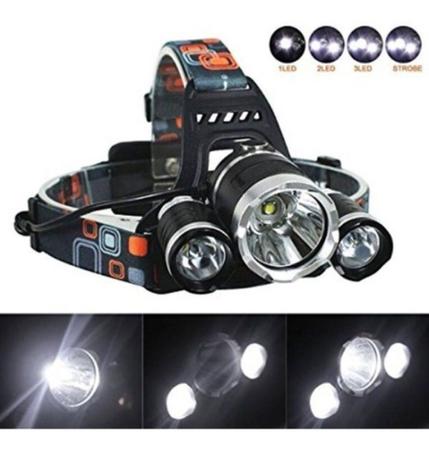 Imagem de Holofote Lanterna de cabeça Camping Pesca T6 3 leds Super Forte Recarregável