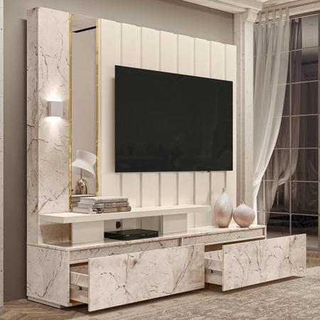 Imagem de Home Theater Painel Zeus para TV 65 Calacata/ Off White com LED e Espelhos - Madetec