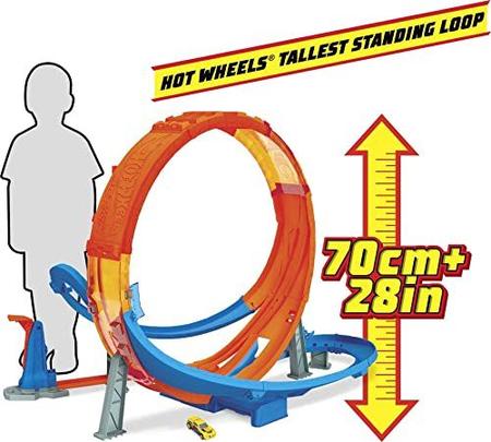 Imagem de Hot Wheels Massive Loop Mayhem Track Set com enorme 28 polegadas de altura track loop Slam Launcher, Caixa de Bateria & 1 Hot Wheels 1:64 Carro em escala, projetado para jogo multi-carro, presente para crianças de 5 anos de idade e up