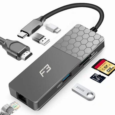 Imagem de Hub Adaptador TIPO-C 7 em 1 X HDMI TIPO-C USB 3.0 Micro SD de LAN F3