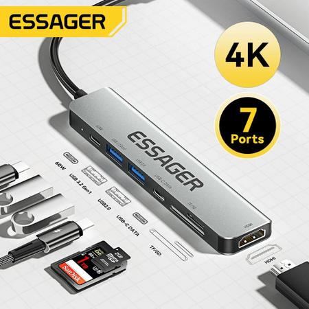 Hub Essager Adaptador 7x1 Usb-c Hdmi 4k Usb 3.2 Pd 60w Sd Tf - Hub