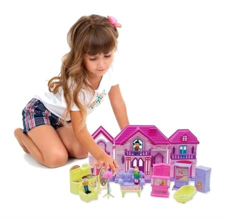 Kit Casinha de Boneca Plástico Infantil Barata 15 Peças com Luz e