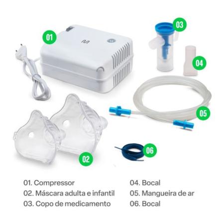 Imagem de Inalador Compressor Branco e Azul Tratamento Respiratório Bronquite Asma Nebulização Kit Bivolt