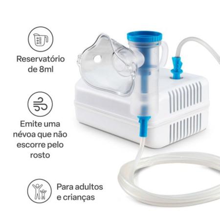 Imagem de Inalador Compressor Branco e Azul Tratamento Respiratório Bronquite Asma Nebulização Kit Bivolt
