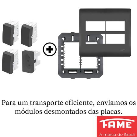 Imagem de Interruptor Simples 10A 3 Teclas e Tomada Padrão 2P+T 20A Com Placa 4X4 Habitat Black FAME