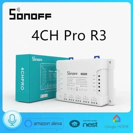 SONOFF Interruptor de garagem e interruptor inteligente Wi-Fi de 4 Gang,  4CH PRO R3, 3 modos de funcionamento, Wi-Fi ou controlo remoto de RF de 433  MHz, AC/DC, Supports Alexa, Google Home