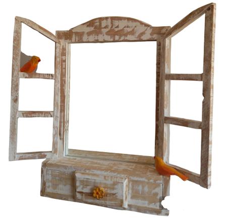 Imagem de Janela com espelho de madeira e passarinhos