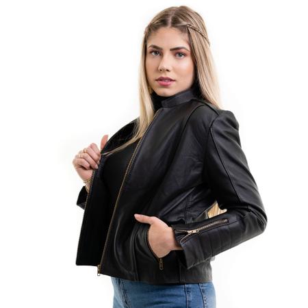Imagem de jaqueta feminina de couro legitimo com ziperes dourados