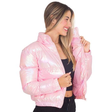 Imagem de Jaqueta Feminina Puffer Metalizada Curta Com Capuz Bolsos