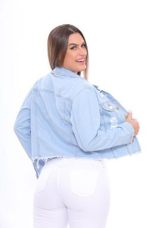 Imagem de Jaqueta Inverno Jeans Clara Feminina Lisa Desfiada Casaco Cropped