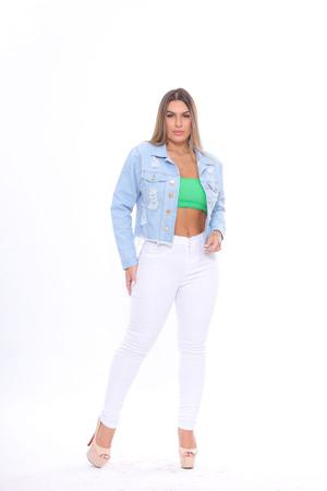 Imagem de Jaqueta Inverno Jeans Clara Feminina Lisa Desfiada Casaco Cropped