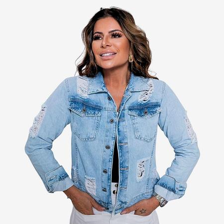 Jaqueta Jeans Feminina Customizada Com Bolso Bot o Estampada