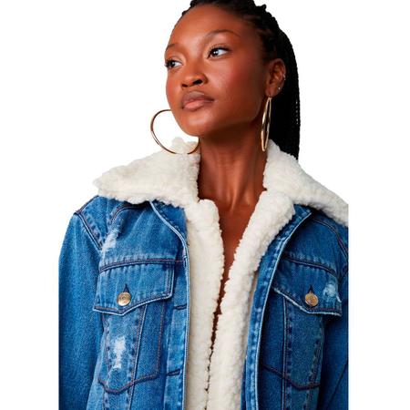 Jaqueta Jeans Lan a Perfume com Pelo Trucker Azul Feminino