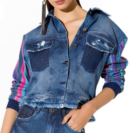 Jaqueta On a Preta Cropped Manga Paete Jeans Azul Outros Moda