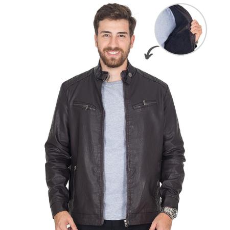 Jaqueta PU Poliuretano Peluciada Masculina Gola Alta Bolsos Casual