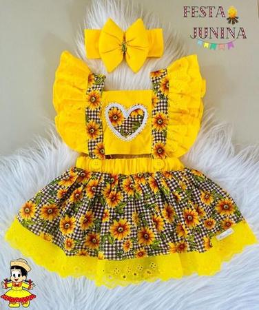 Vestido Caipira Junino Amarelo Girassol Xadrez Infantil - SACOLA DO BEBÊ