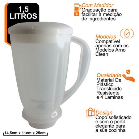 Imagem de Jarra De Liquidificador Compátivel Com Modelo Arno Clean Tampa Branca Copo Translucido