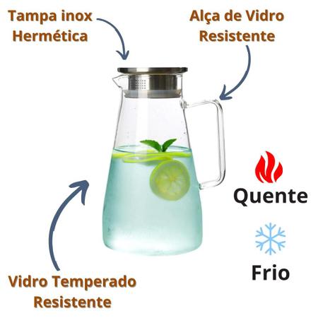 Imagem de Jarra De Suco Água Em Vidro Resistente Com Tampa Inox 1,8 L