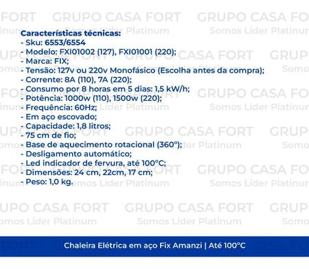 Jarra Chaleira Elétrica Inox 1,8L 1500W Fix Fix Utilidades