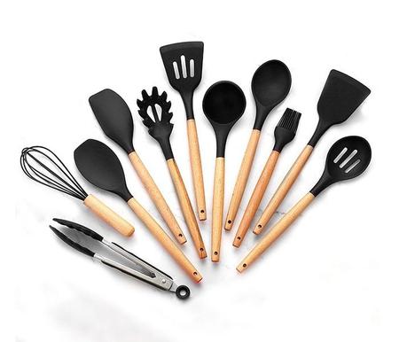 Jogo 11 Colheres De Silicone Cabo Madeira Utensílios Cozinha - VRS