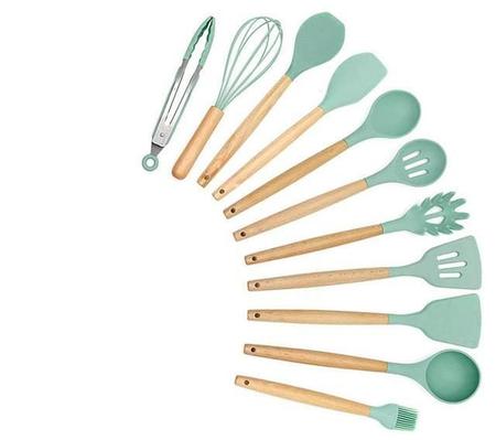 Imagem de Jogo 11 Colheres De Silicone Cabo Madeira Utensílios Cozinha