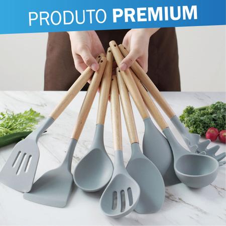 Imagem de Jogo 12 Colheres De Silicone Cabo Madeira Utensílios Cozinha Top