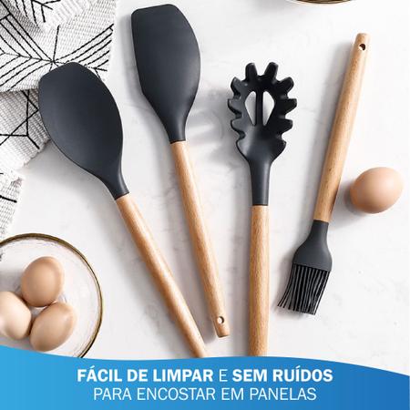 Imagem de Jogo 12 Colheres De Silicone Cabo Madeira Utensílios Cozinha Top