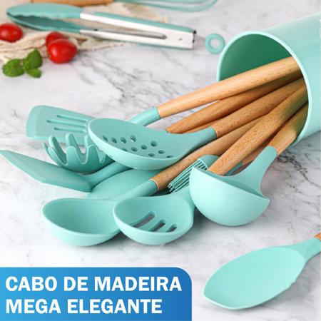 Imagem de Jogo 12 Colheres De Silicone Cabo Madeira Utensílios Cozinha Top