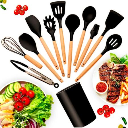 Jogo 12 Utensílios Talheres Silicone Cozinha Cabo De Madeira - Bellator Imagem de Jogo 12 Utensílios Talheres Silicone Cozinha Cabo De Madeira