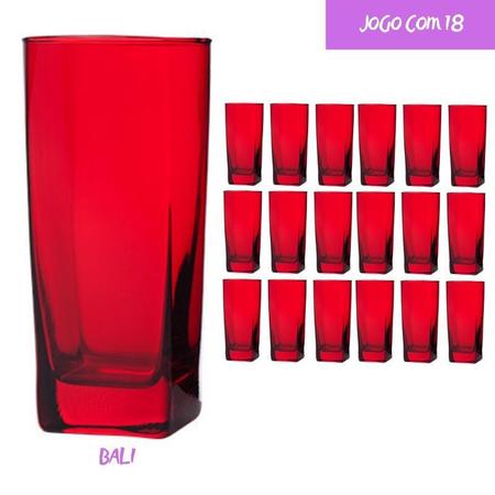 Imagem de Jogo 18 Copos Vidro Bali Quadrado Luxo 320ml Vermelho