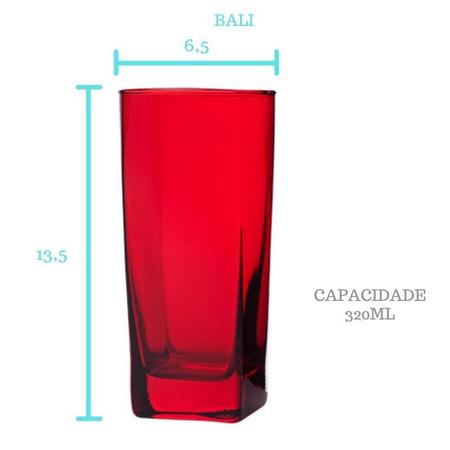 Imagem de Jogo 18 Copos Vidro Bali Quadrado Luxo 320ml Vermelho