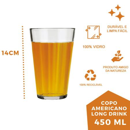Copo 450mL Vidro Incolor Long Drink com 6 peças Americano - Colher