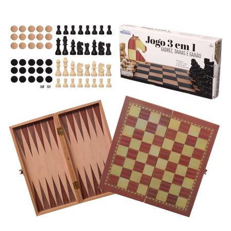 Jogo de xadrez De Madeira 3 Em 1 24 x 24 Cm - CHESS - Jogo de Dominó, Dama  e Xadrez - Magazine Luiza