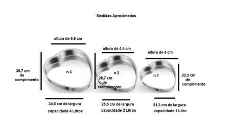 Jogo 3 Forma Assadeira Bolo Coração 1-2-3 Aluminio E19