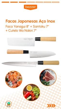 Imagem de Jogo 3 Peças Facas Japonesas Aço Inox 7 e 8 pol Cutelo Santoku Yanagui Multiuso Para Sushi Sashimi Peixe Carne Legumes