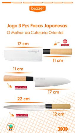 Imagem de Jogo 3 Peças Facas Japonesas Aço Inox 7 e 8 pol Cutelo Santoku Yanagui Multiuso Para Sushi Sashimi Peixe Carne Legumes