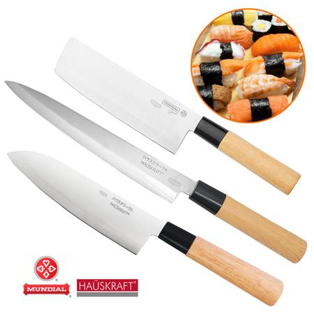 Imagem de Jogo 3 Peças Facas Japonesas Aço Inox 7 e 8 pol Cutelo Santoku Yanagui Multiuso Para Sushi Sashimi Peixe Carne Legumes