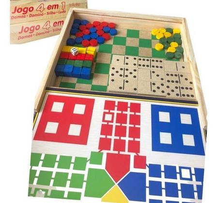 Jogo 4 Em 1 Jogos Dama Trilha Ludo Dominó Em Cx De Madeira