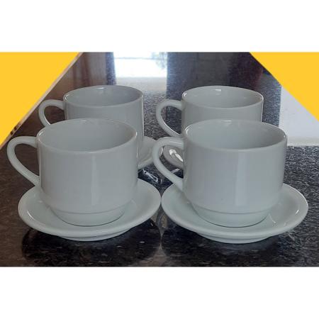 Imagem de Jogo 4 xícaras de Café e Chá com pires - 200 ml Empilháveis - Porcelana branca