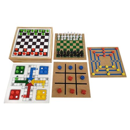 Jogo 5 Em 1 Tabuleiro Xadrez Dama Trilha Ludo Jogo Da Velha na