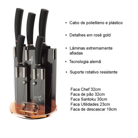 Imagem de Jogo 5 Facas Cozinha Black Rose Gold Berlinger Haus Chef Profissional Aço Inox Faqueiro Santoku Churrasco  Presente 6pçs