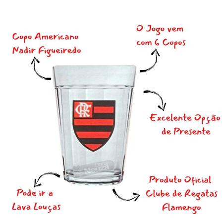 Imagem de Jogo 6 Copos Flamengo Nadir Figueiredo Americano Vidro 190mL Presente Flamenguista Kit Oficial Licenciado Original