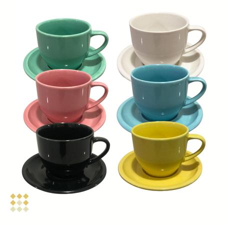 Imagem de Jogo 6 Xícara Chá Com Pires 170ml Colorido em Porcelana