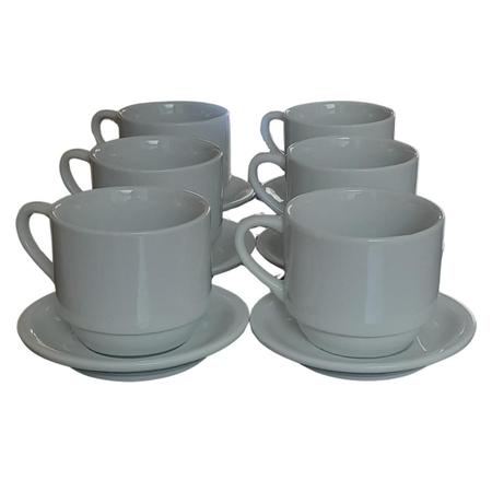 Imagem de Jogo 6 xícaras de Café e Chá com pires - 200 ml Empilháveis - Porcelana branca