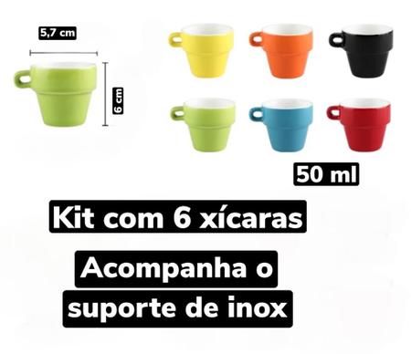 Imagem de Jogo 6 Xícaras Para Café Expresso Com Suporte Coloridas 50ml
