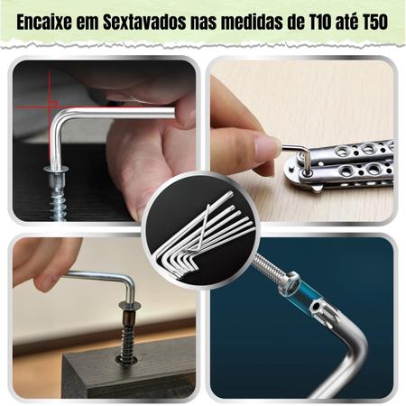 Imagem de Jogo 9 Chave Torx Torque Curta T10-T50 Hexagonal com Guia Furo Interno Hexalobular 125mm Cromo Vanádio com Suporte Profissional